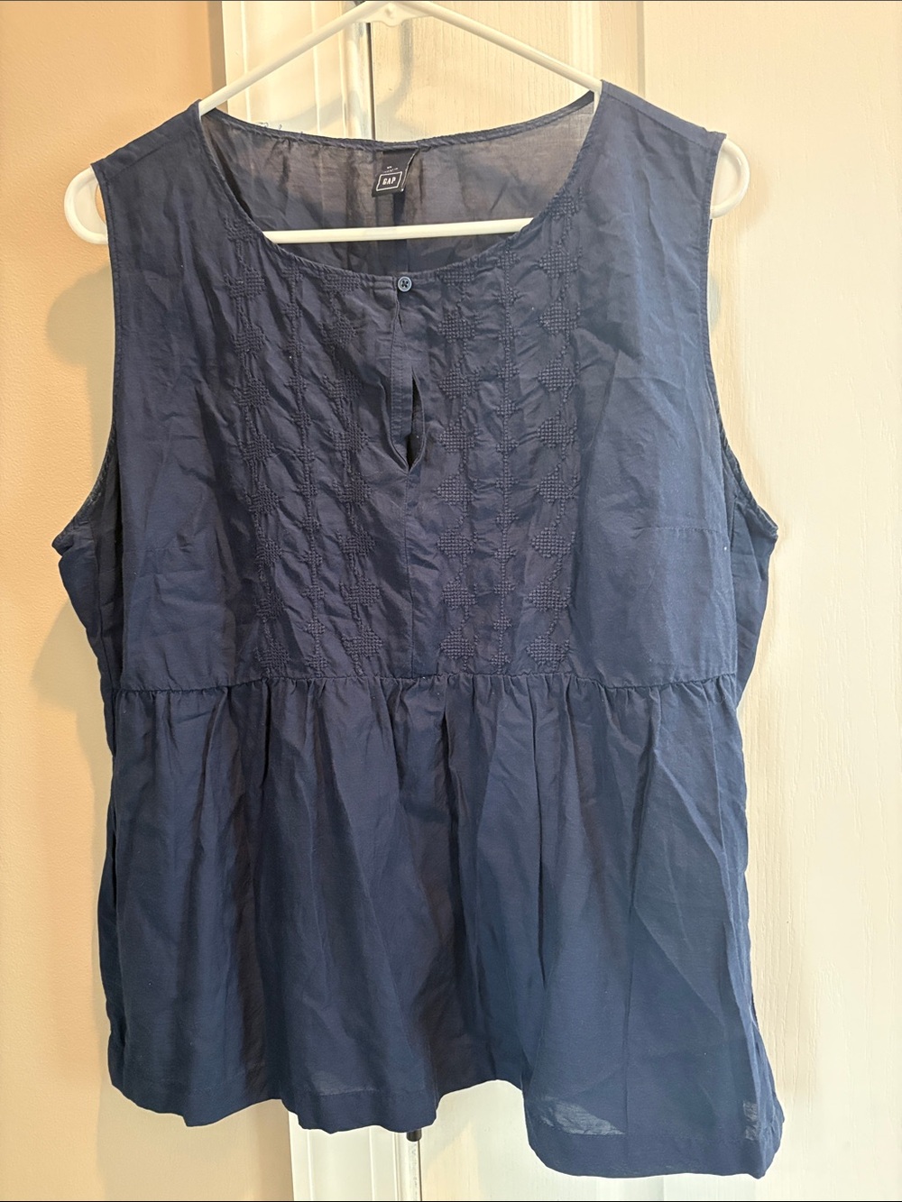 GAP Navy Sleeveless Peplum Blouse with Embroidered Front